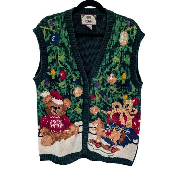 Vintage Christmas Sweater Vest L – Tiara Intl Grandmacore Cottagecore 90s Knit - Picture 1 of 5